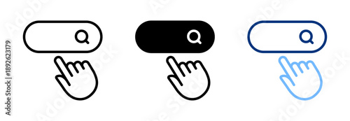 Search bar click icon set. Searching black and blue line icons. Magnifying glass, magnifier, loupe sign, symbol. SEO, engine optimization concept. Vector illustration. Isolated on a white background.