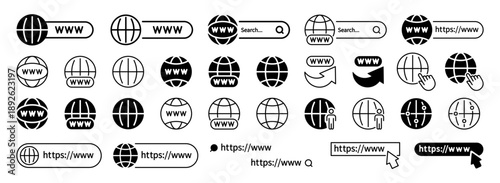World Wide Web big icon set. WWW black line icons. Internet, website, network sign.Planet, world, globe symbol. Searching, search query,address bar. Vector illustration.Isolated on a white background.