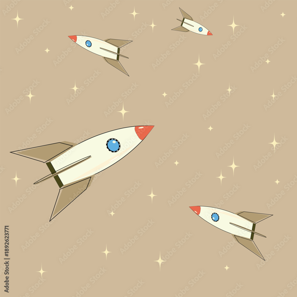Fototapeta premium Minimal rocket illustration on beige background with stars. Cute flat vector space design with flying rockets, perfect for kids projects, posters, backgrounds, wallpapers and creative design.