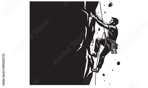 Rock climber scaling a steep cliff face, symbolizing challenge and achievement.