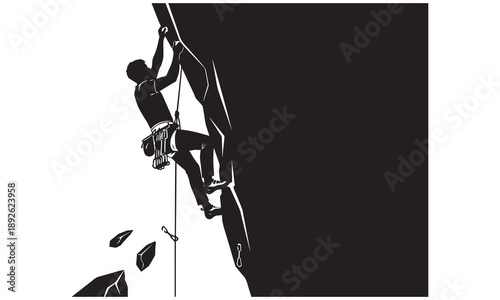 Silhouette of a man rock climbing a steep overhang with safety rope and gear.