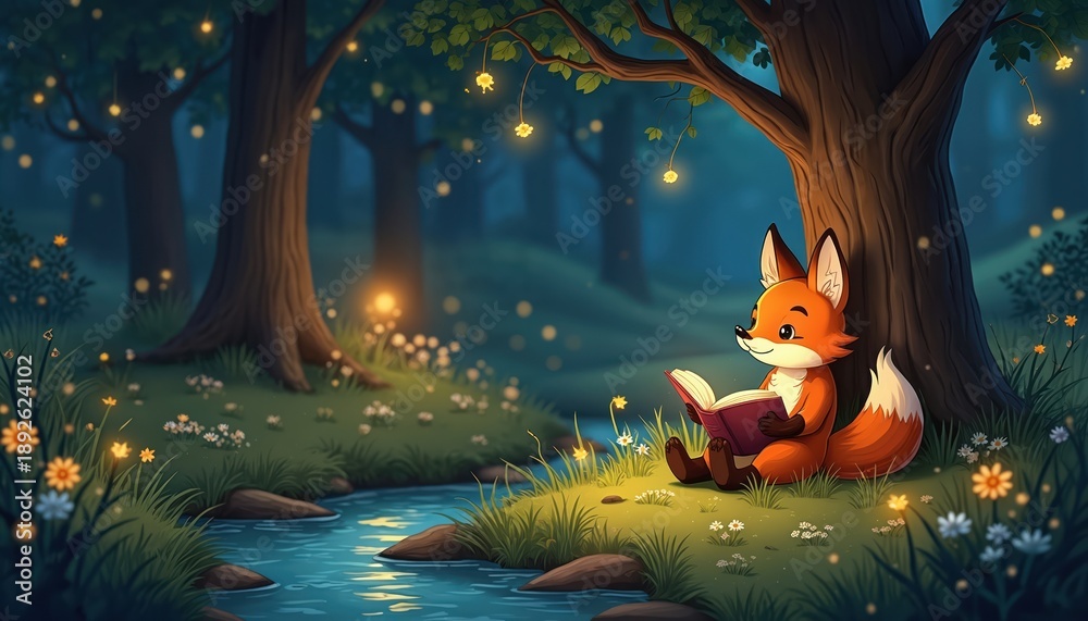 Fototapeta premium Cute cartoon fox enjoys reading book under big tree. Gentle stream flows nearby in magical forest. Glowing fireflies sparkle, illuminating cozy woodland scene at twilight. Colorful flowers grow on