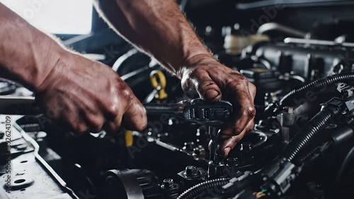 Wallpaper Mural Close up of mechanic hands using a socket wrench to tighten bolts on a car engine in a professional automotive repair shop garage background Torontodigital.ca