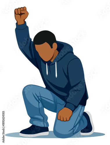 Modern illustration of a person depicting a raised fist while kneeling for social justice