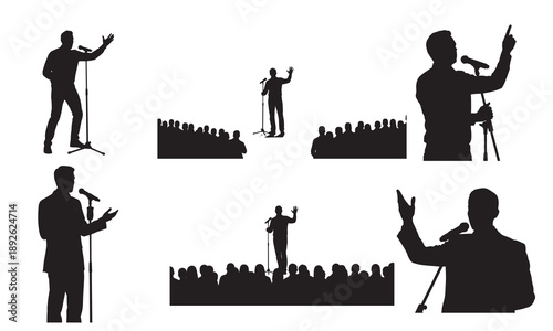 Silhouettes of speakers addressing audiences from stages with microphones.