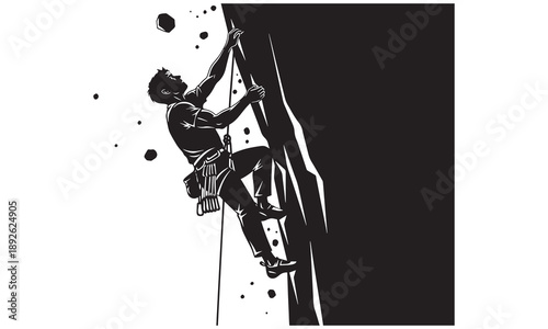 Silhouette of a man rock climbing up a steep cliff face, reaching for a hold.