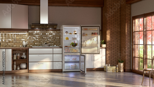 Tableau sur toile interior of a modern kitchen with open doors and a full refrigerator