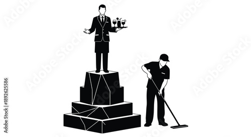 Waiter standing on stairs with drinks while janitor sweeps floor in black and white illustration
