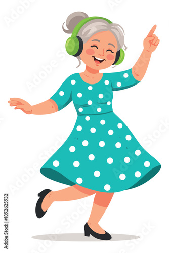 Cartoon style illustration of a senior woman depicting a happy dance with headphones for active seniors