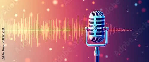 Retro microphone vibrates subtly as sound waves pulse, with a slow pan across a vibrant, cinematic sound studio backdrop, ideal for podcast or music production themes.