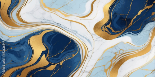 Abstract blue and yellow background with liquid waves of gold paint and shiny fluid art swirl patterns in a flowing water design illustration