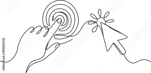 Continuous One Line Drawing of Hand Touch Gesture and Mouse Cursor Click Interaction