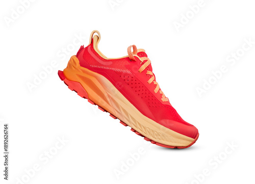 Photos A side view of red and orange trainers, sneakers Isolated on a flat, transparent background