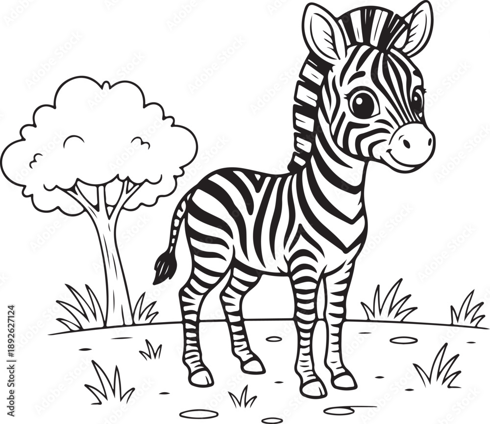 Obraz premium A cute baby zebra stands in a safari landscape, ready for a fun coloring adventure