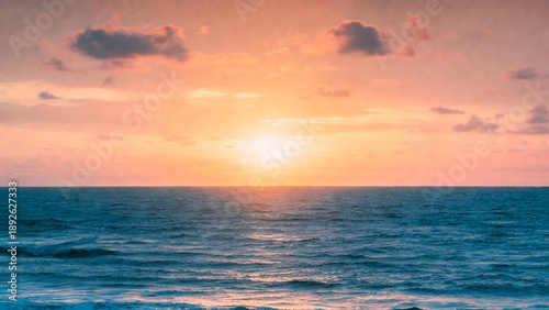 Golden Horizon: Ocean Sunset with Coral Clouds and Azure Waves