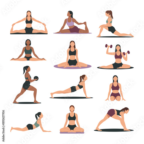 Diverse women doing yoga and fitness exercises on transparent background group of active females practicing wellness and healthy lifestyle