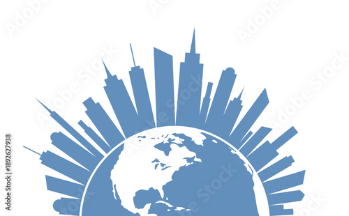 Silhouette of city skyline around planet Earth on white background, flat vector illustration