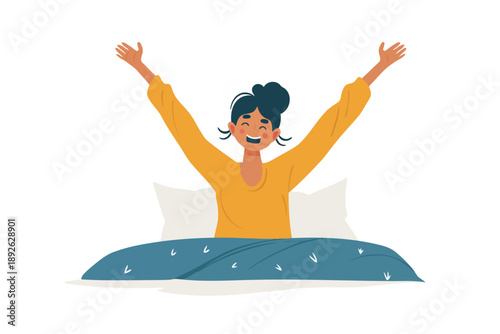 Happy indian woman woke up and stretches in bed isolated