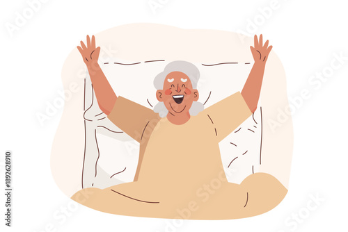 Happy old woman woke up and stretches in bed isolated