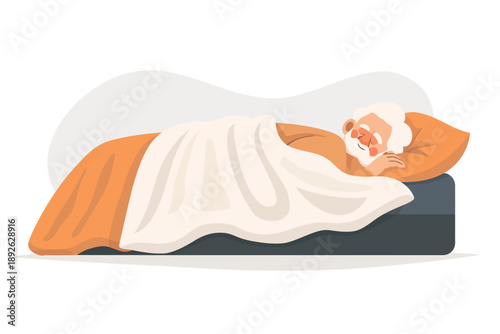Happy old man falling asleep in bed isolated