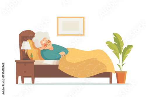 Happy old woman falling asleep in bed isolated
