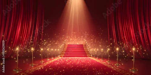Impressive red carpet runway leads to grand steps under a bright spotlight, flanked by luxurious red curtains and shimmering golden particles, creating an elegant ambiance and a sense of prestige.