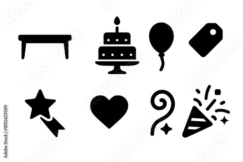 Party Icons Displayed. At-home party setup. Filled icon set of At-home party setup: table silhouette, cake