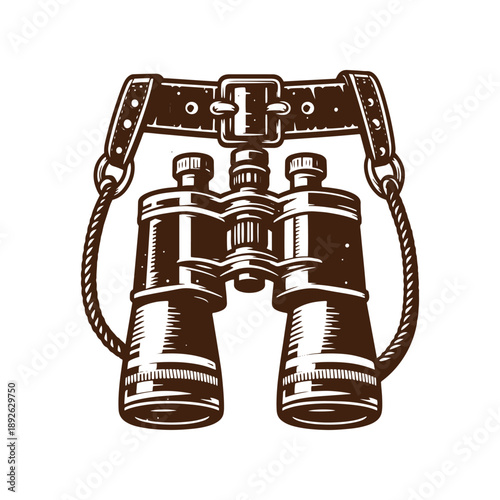 Vintage binoculars hanging from a leather strap