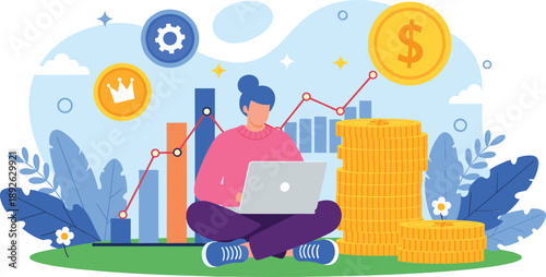 Financial growth illustration with businessman using laptop, coin stacks, profit chart, investment analytics, and wealth management concept