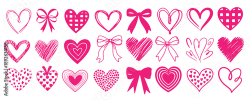 Pink Hearts and Bows Romantic Love Doodle Elements for Valentine Wedding and Greeting Design On White Background, heart, bow, love, valentine, shape, wedding, romance, pattern, valentines, hearts