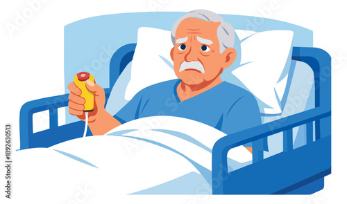 Cartoon style illustration of an elderly man depicting holding a nurse call button for medical assistance