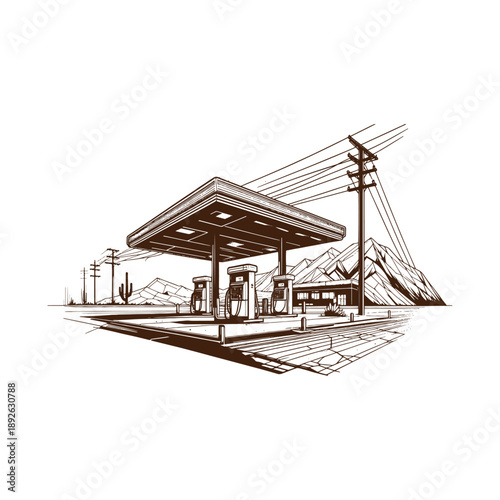 Gas station in desert landscape with mountains