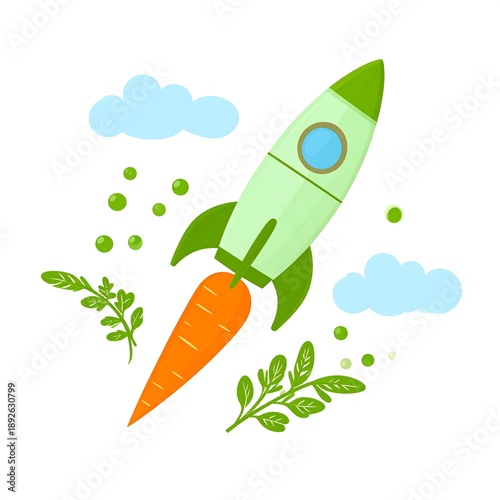 Whimsical image of a rocket blasting off powered by a carrot, with clouds and foliage