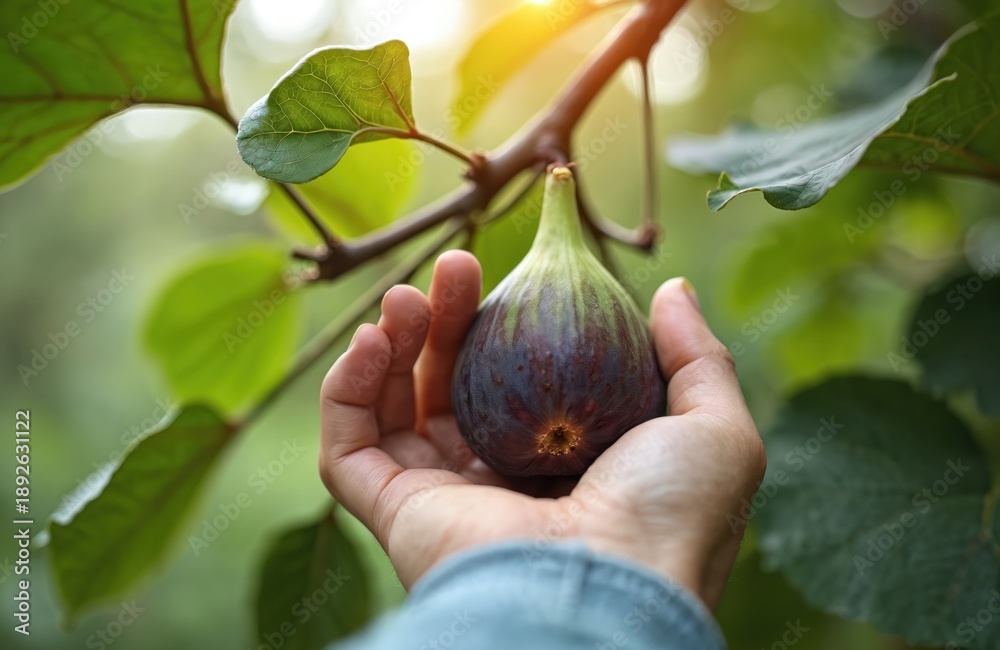 Fototapeta premium Hand picks ripe purple fig from a tree branch under warm sunlight. Fresh fruit harvest in a garden. Healthy organic food, nature bounty, summer season.