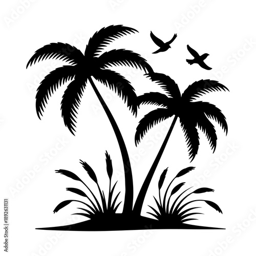 Palm tree silhouette, Black Palm Tree Silhouette Tropical Botanical Nature Illustration with Birds on Clean Background