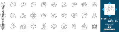 Mental health icon set featuring psychology, mindfulness, therapy, wellness, brain, stress, support, depression, emotion, balance editable vector set.
