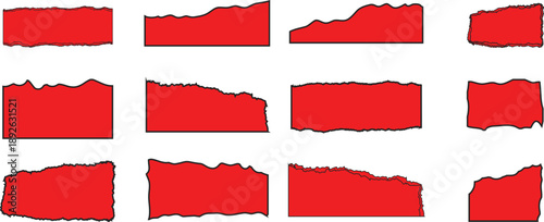  Set of red ripped paper, jagged border, torn paper top and down frames. torn paper edge shapes 