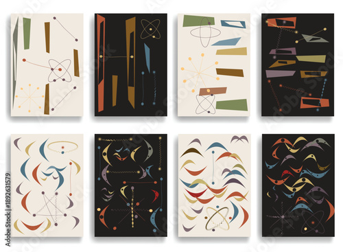 Vintage modern atomic brochures , inspired by1950s and 1960s atomic age design, featuring abstract geometric shapes and orbit motifs, vector design.