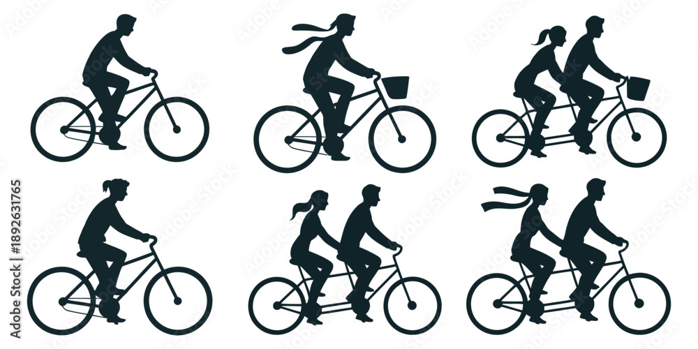 Fototapeta premium Set of bicycle rider silhouettes. Vector black icons of man, woman and couples riding tandem bikes isolated on white background.