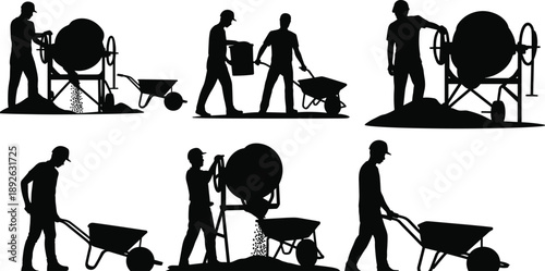 Construction worker silhouettes mixing concrete with cement mixer and wheelbarrows, building material transport labor illustration isolated on white background
