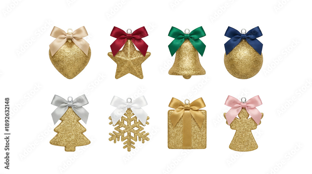 Fototapeta premium Golden glitter Christmas ornament set including heart, star, bell, ball, tree, snowflake, gift, and angel shapes isolated. Holiday decoration collection.