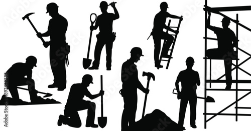 Construction worker silhouettes performing building tasks with tools, ladder and scaffolding, industrial labor poses isolated on white background