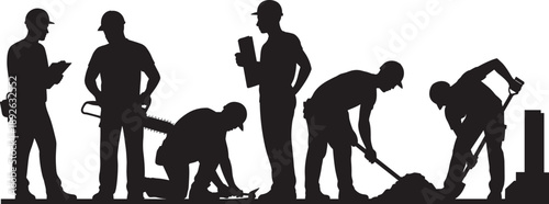 Construction worker silhouettes performing building tasks, inspection digging cutting activities isolated on white background industrial labor process concept