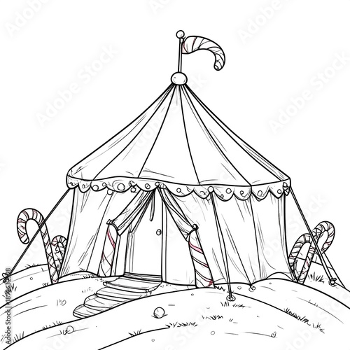 Whimsical line art illustration of a circus tent with candy cane poles and a waving flag