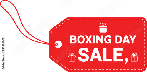 A red Boxing Day sale tag with a ribbon icon representing a discount promotion for online and store shopping