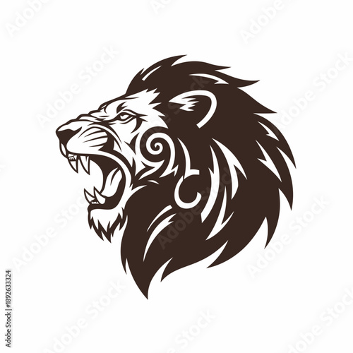 Fierce Lion Head Logo Illustration with Tribal Design Elements, Vector Graphics, Wildlife Symbol, Aggressive Expression, and Detailed Mane
