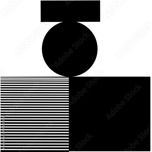 Bold black shapes form a geometric, minimalist composition on a white background, featuring a circle, rectangles, and a striped panel.