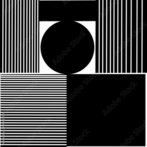 Black and white abstract composition features vertical and horizontal stripes with a central circle, suitable for modern art, wallpaper, or editorial background.