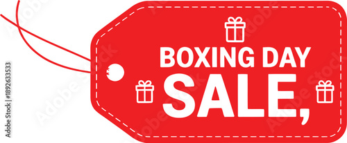 A red Boxing Day sale tag with a ribbon icon representing a discount promotion for online and store shopping
