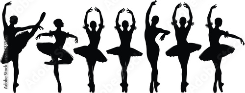 Elegant black silhouettes of professional ballet dancers in graceful poses and tutus performing classical dance movements isolated on a clean white background